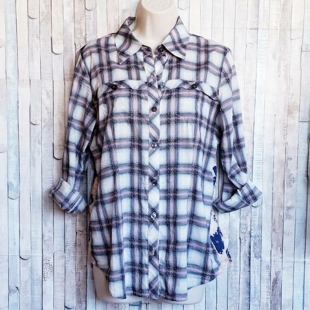CAbi plaid and floral button down shirt